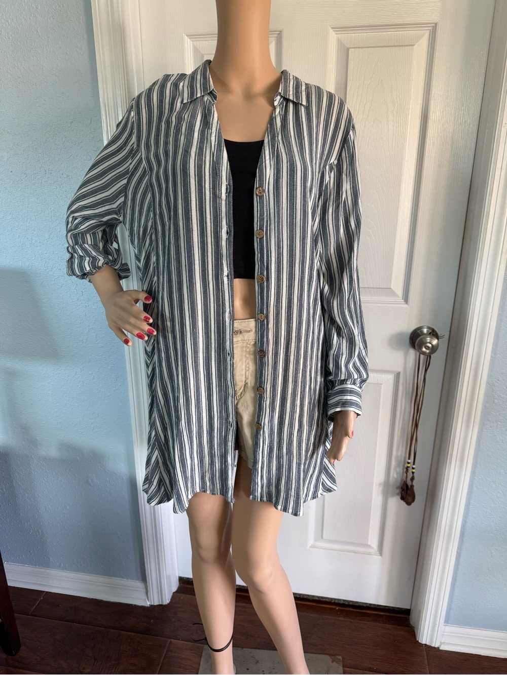 Club Z Collection Striped Longline Button-Front Mini Dress - Blue/White